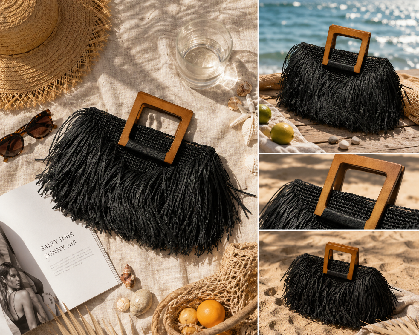Wooden Raffia fringes bag
