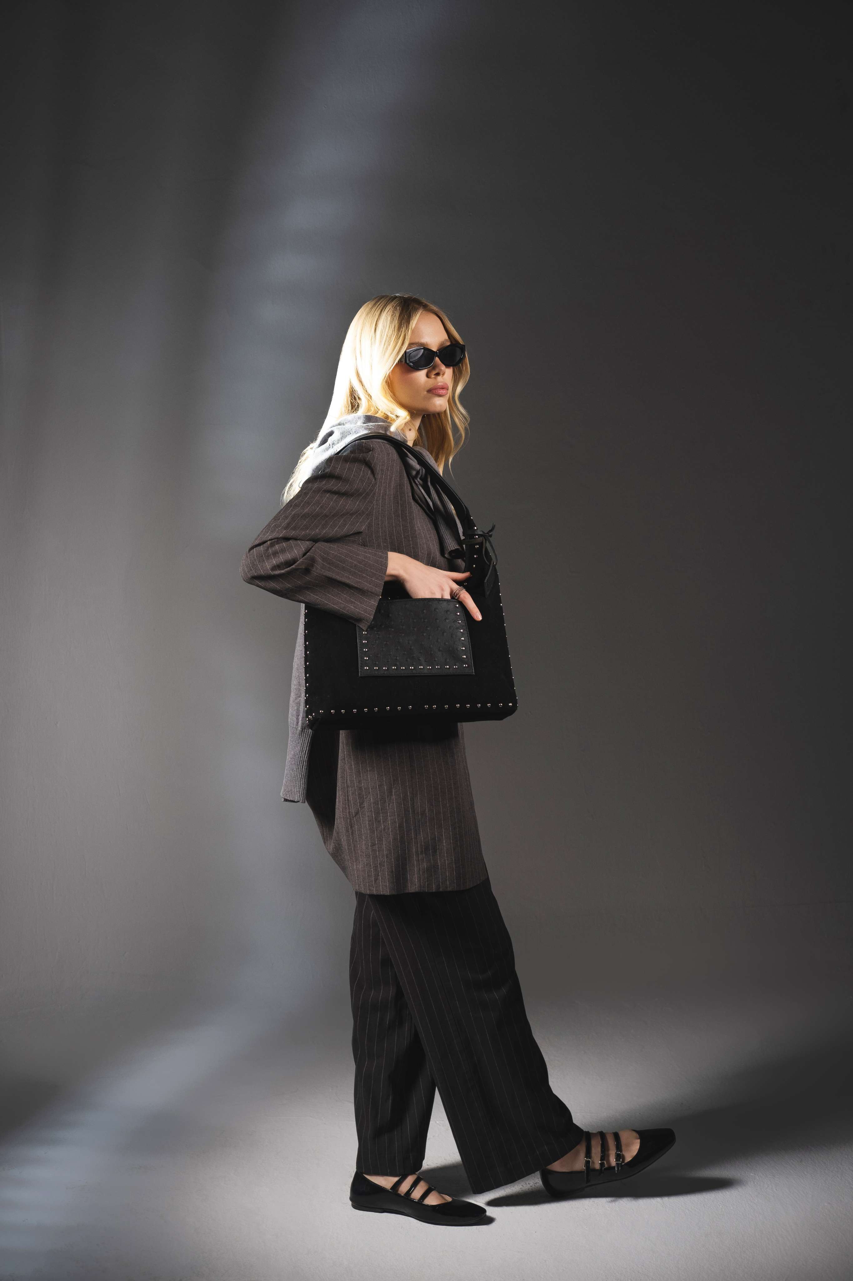 Black Bold Studded Bag Mixed with Leather