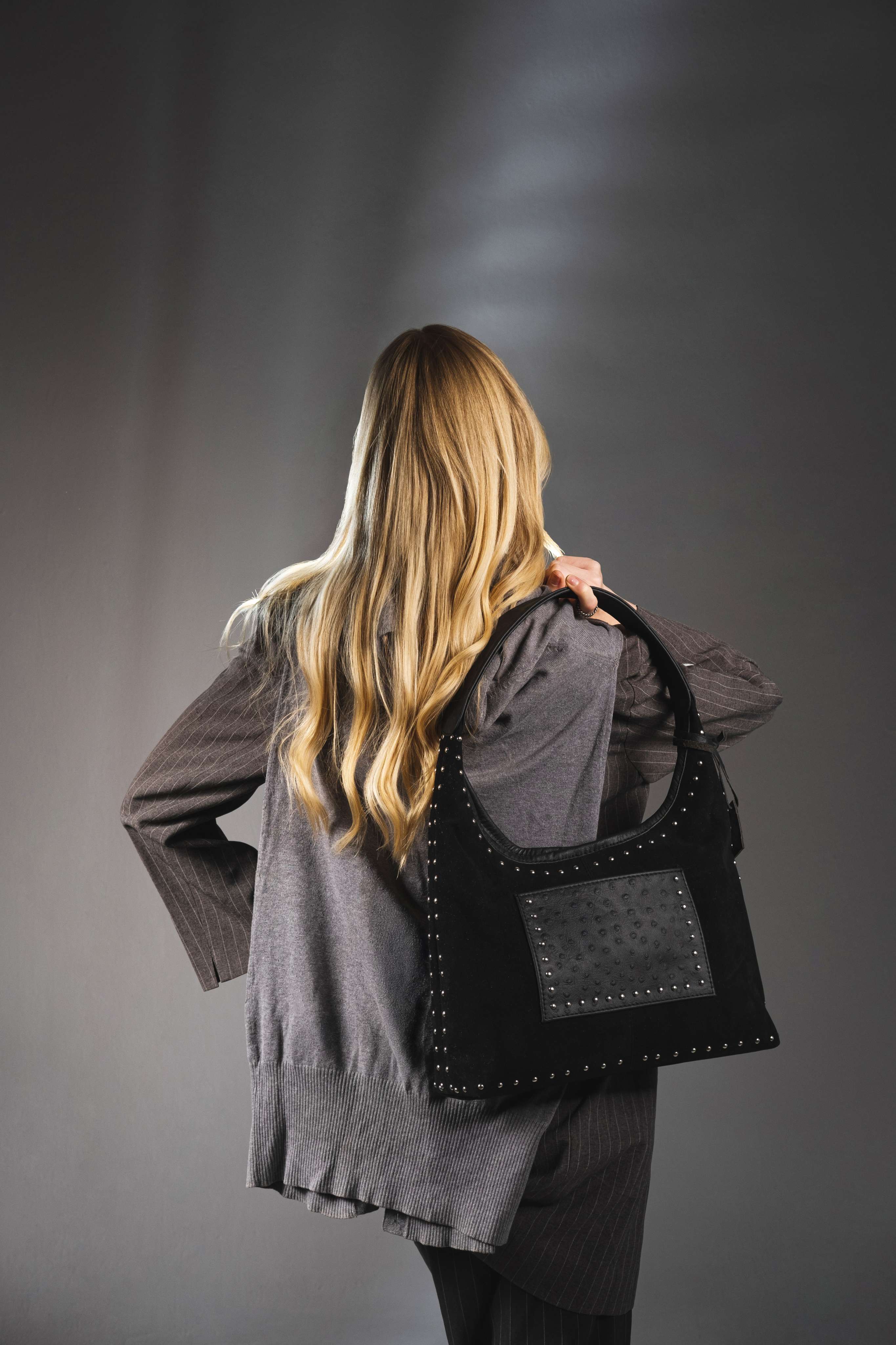 Black Bold Studded Bag Mixed with Leather